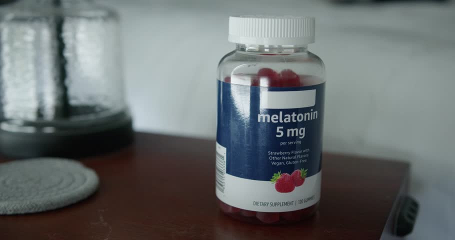 Close Up Pan Right of a Bottle of Melatonin Sleep Aid Gummies on a Nightstand