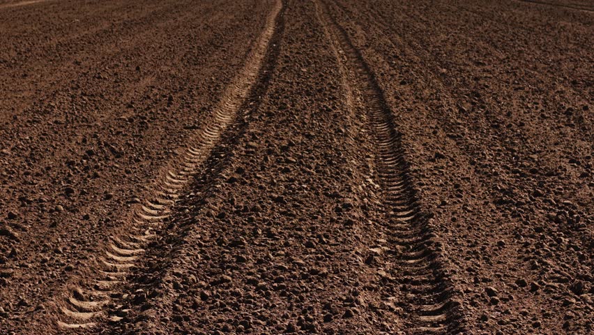 Tractor tracks on field during spring agriculture work. Making field ready by working soil for crop growth. Driving machinery across field preparing land for agriculture growth