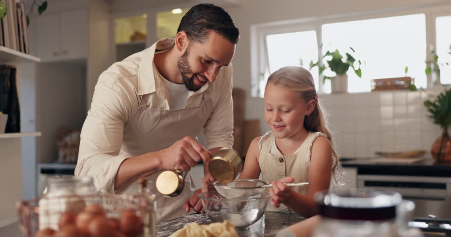 Home, learning and father with girl, baking and bonding together with ingredients, help and recipe. Cooking, family and dad with daughter, teaching and utensils with support, smile and kid in kitchen