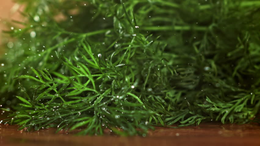 Dill falls on a wooden plank. Filmed on a high-speed camera at 1000 fps. High quality FullHD footage
