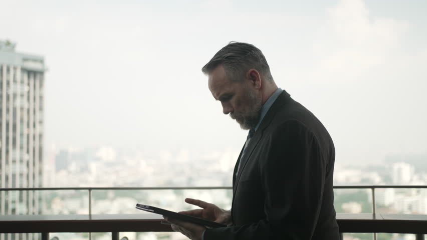 White collar worker is working at skyscraper. Business, coworking, formalwear.