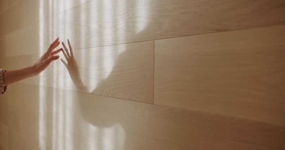 Woman's hand strokes a wooden wall, her shadow projected by natural window light. Slow motion captures the gentle, artistic movement, creating a tranquil and aesthetic feel.