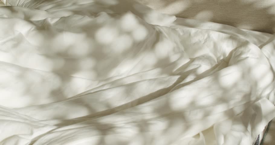 Sunlight streams through a window, casting dancing shadows of leaves on an unmade bed. The soft, white linens invite relaxation and rest. Perfect for lifestyle, home decor, or sleep-related projects.