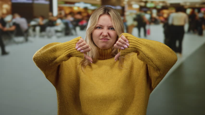 Woman expressing disappointment with thumbs down gesture in busy airport terminal wearing warm sweater.