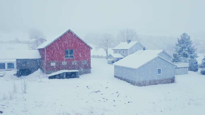 Heavy Snow Fall In A Village In Norway - Drone Shot