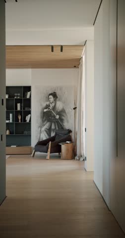 Modern minimalist home interior with wood floors, ceiling, and a samurai painting. The room is simple, yet stylish with a focus on natural materials. The space is warm, calm, peaceful atmosphere.