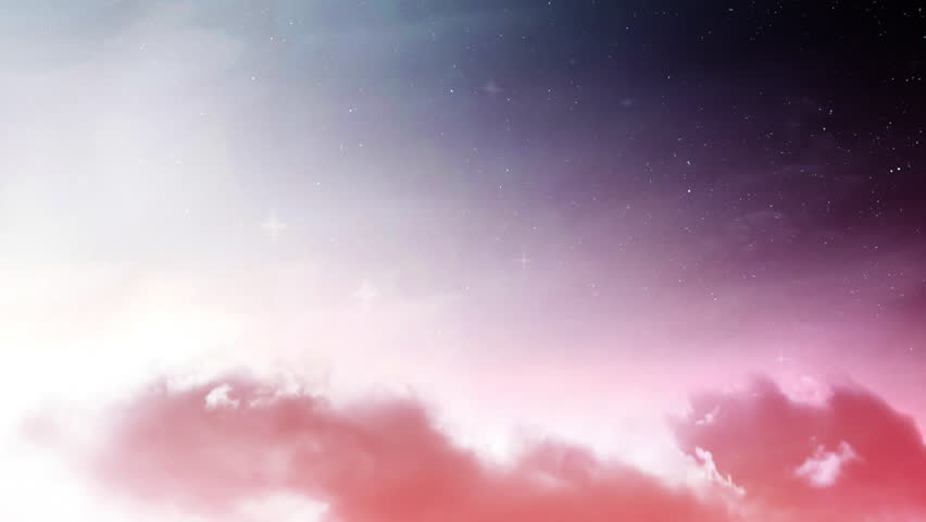 Beautiful fabulous sky at sunset with clouds, visible stars, falling meteors and dust flying in the air in the form of stars. 4k 3d video animation with parallax effect 60 fps.