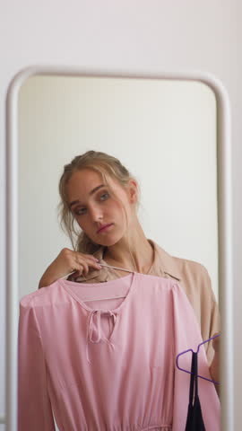Young woman with ponytail looks at reflection in mirror choosing between elegant pink and classic black dress for evening party slow motion