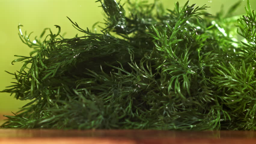 Dill falls on a wooden plank. Filmed on a high-speed camera at 1000 fps. High quality FullHD footage