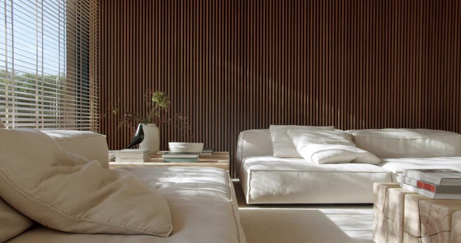 Bright, spacious living room with modern, minimalist interior design. Comfortable white sofas, wooden wall paneling, and stylish decor create a serene atmosphere. relaxation or quiet reflection.