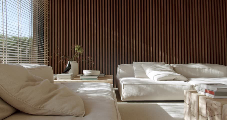 Bright, spacious living room with modern, minimalist interior design. Comfortable white sofas, wooden wall paneling, and stylish decor create a serene atmosphere. relaxation or quiet reflection.