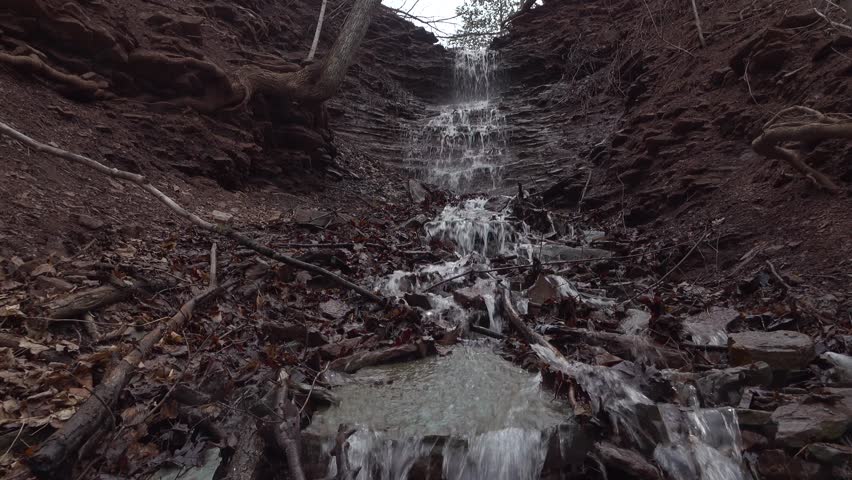 Low angle view of a waterfall pouring over a cliff and coming down a muddy rock strata during the spring.
