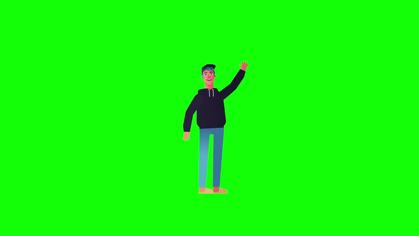 3D animation of a young boy jumping in, waving, and pointing. Green screen background for versatile digital use, ideal for motion graphics, ads, or explainer videos.