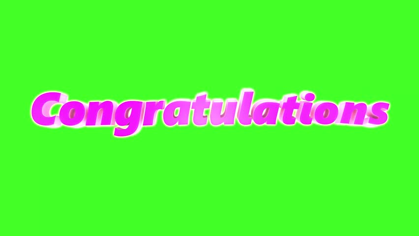 3D animation of the word “Congratulations” in pink text on a green screen. Perfect for celebration videos, festive intros, award clips, special announcements, and social media content.