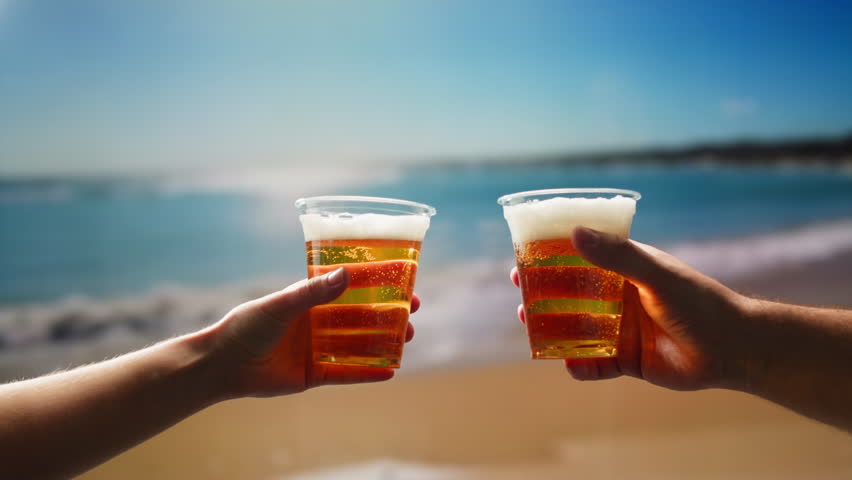 Beer cheers Celebration concept - close up hands holding up glasses of beer of people group in outdoor party during their victory competition or successful task meeting vacation
