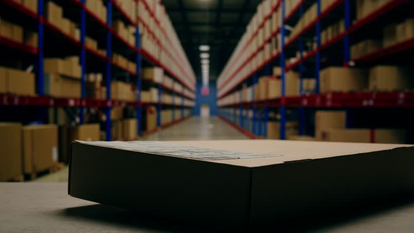 Scanner scan delivery box in storage, E-commerce shop, man packing goods and clothes second hand delivery market, courier Packaging and Shipping Workspace with Supplies and Technology, online sales.