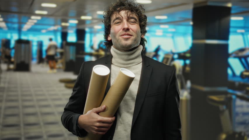 Smiling young man indoors at a gym holding cardboard tubes and making an ok gesture, wearing a suit and turtleneck, exuding confidence in a vibrant, dynamic atmosphere.