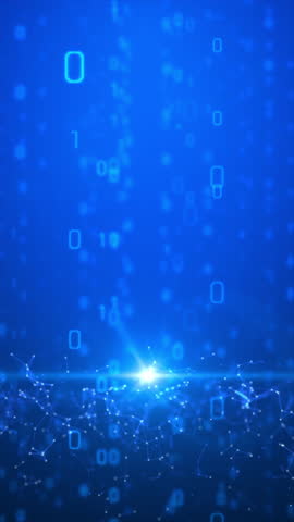 Vertical video plexus network background with glowing dots, connected lines, and falling digital numbers 0 and 1. Ideal for tech, blockchain, AI, and futuristic digital themes