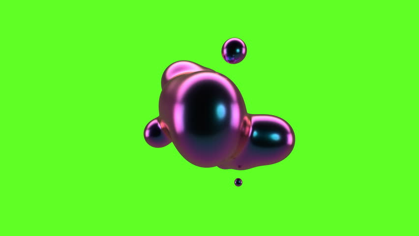 Fluid liquid iridescent blob, metaball morphing animation. Scattering and flowing of glossy liquid deforming organic molecule. Loop. Green screen, chromakey