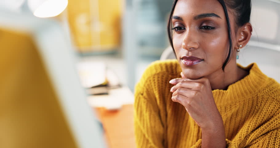 Thinking, reading and business woman on computer for creative idea, article inspiration and copywriting. Desktop, planning and happy worker in office for story blog, insight. and solution in startup