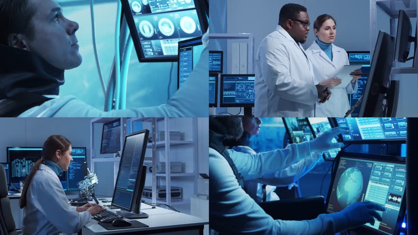 Technology, space exploration and medical concept. Scientists, astronauts, lab equipment and microscopes in biomedical innovations and clinical studies. Ideal for educational content.