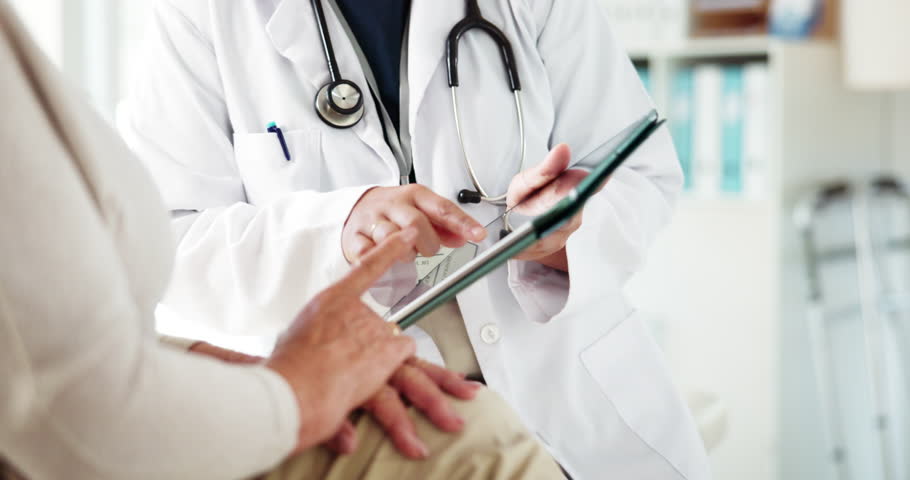 Doctor, hands and patient with tablet for consultation, diagnosis or medical results at clinic. Closeup, healthcare worker or client with technology or app for medicare, health checkup or visit