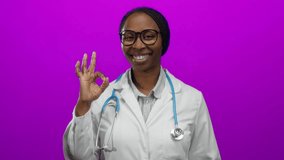Doctor smiling woman black female professional medical stethoscope labcoat glasses pink background healthcare adult isolated happy adult - Powered by Shutterstock - Get 15% off with code: PIKWIZARD15