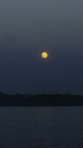 Full moon rising over dark coastal landscape at night