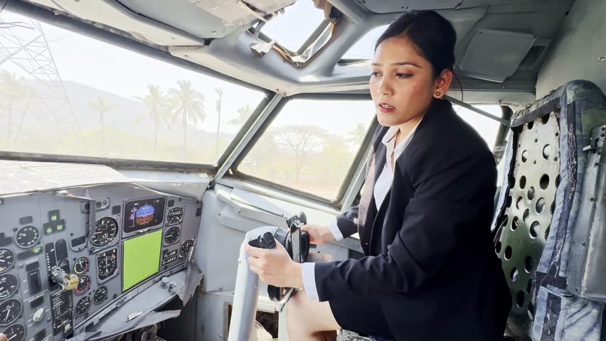 Lady studies jet systems inside flight chamber, Businesswoman explores aircraft panel operations, Woman in tailored suit trains at cockpit station, Aspiring aviator monitors digital aerospace engine
