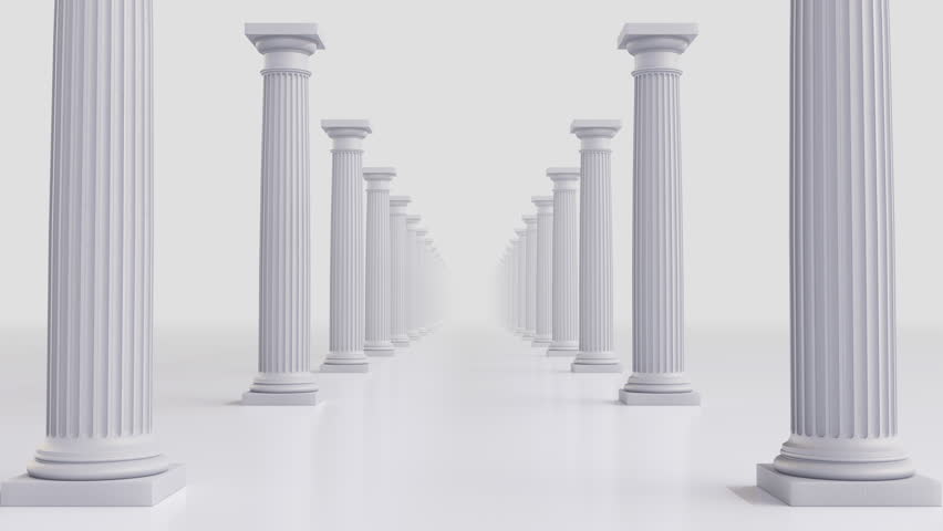 Fast flythrough between white Ionic columns with fluted shafts and volute capitals. Minimalistic classical style. Seamless loop in 4K, perfect for architectural backgrounds.
