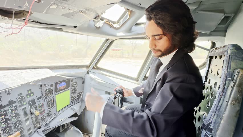 Man in suit studies airplane operating gear, Male pilot examines navigation tools inside jet cabin, Trainee observes control dashboard within flight module, Student practices flying skills at cockpit