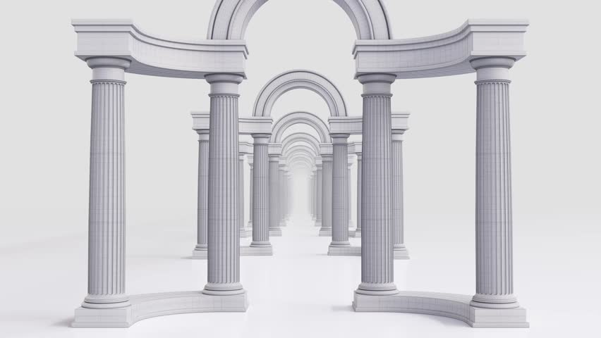 Seamless 4K loop of classical columns and arches in a wireframe blueprint style. Minimalist 3D animation with smooth fly-through. Ideal for architectural design, tech visuals, or backgrounds.