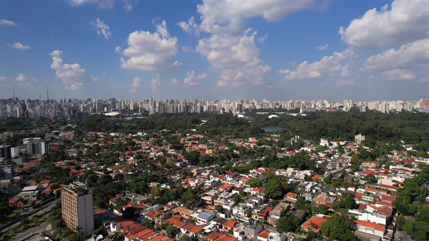 Aerial view of Ibirapuera Park - Parque Ibirapuera, Sao Paulo, Brazil. Landmark avenue and buildings of city. This image is great for projects related to events, travel and real estate.