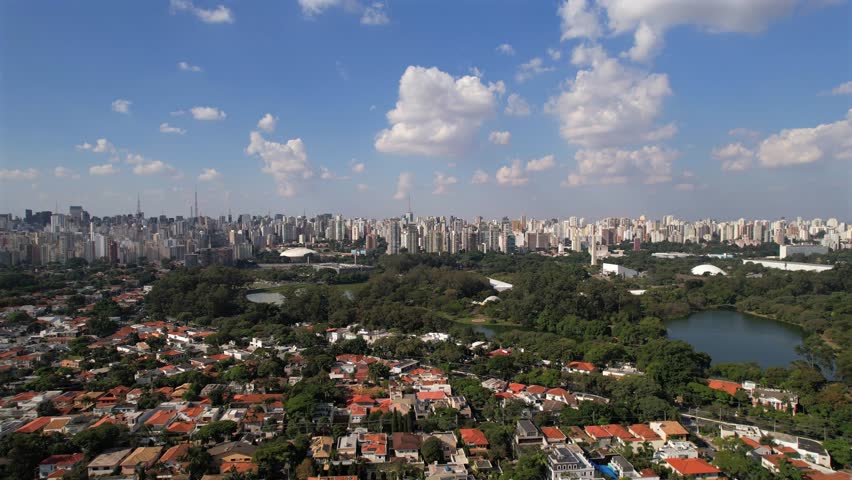 Aerial view of Ibirapuera Park - Parque Ibirapuera, Sao Paulo, Brazil. Landmark avenue and buildings of city. This image is great for projects related to events, travel and real estate.