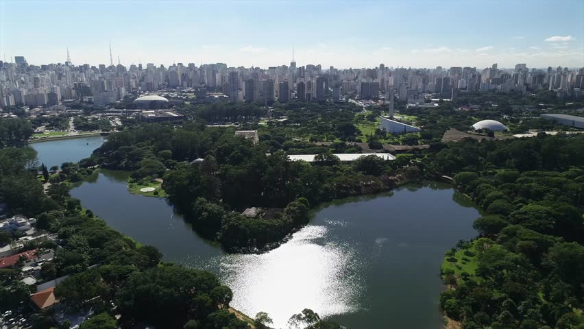 Aerial view of Ibirapuera Park - Parque Ibirapuera, Sao Paulo, Brazil. Landmark avenue and buildings of city. This image is great for projects related to events, travel and real estate.