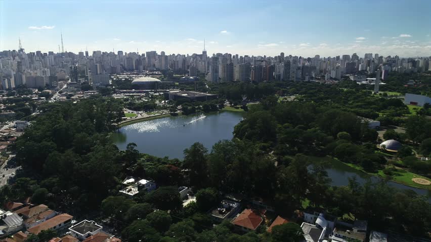 Aerial view of Ibirapuera Park - Parque Ibirapuera, Sao Paulo, Brazil. Landmark avenue and buildings of city. This image is great for projects related to events, travel and real estate.