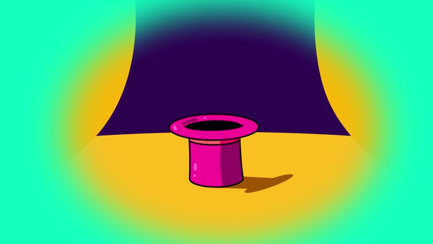 Rabbit black color in violet in top hat. Cartoon animated magic character on the scene.