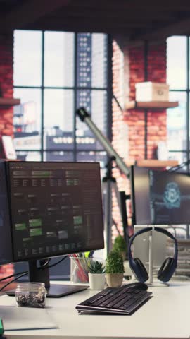 Vertical Video Empty desk for an expert technician with advanced computing visuals, including a notes tree and AI brain patterns reflecting innovation in cybernetics, neural networks and big data