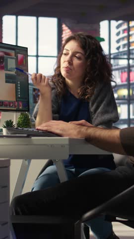 Vertical Video Creative team works with AI chatbot and editing software to improve content, applies machine learning and automation to generate high quality images. Generating photography. Camera A.