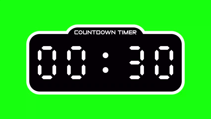 30 second countdown timer with digital display and green screen background suitable for technology, business, productivity concepts in presentations, websites, and social media