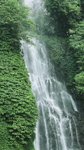 Green Nature of Mountain Landscape and River Waterfall in Summer Forest Park. Outdoor View on Crystal Water Fall and Exotic Garden for Climbing Tourism. Wanderlust of Camping Travel at Fantastic Coast