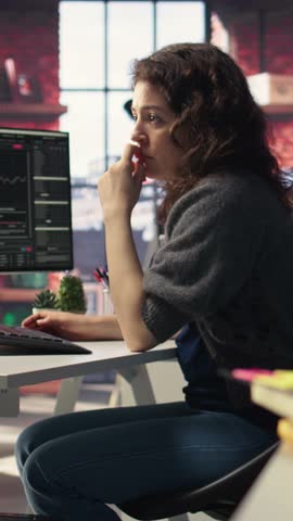 Vertical Video Business professional being devastated with monetary losses and bankruptcy, watching stock exchange trends go downward. Investor trader feeling worried and upset with the market crash