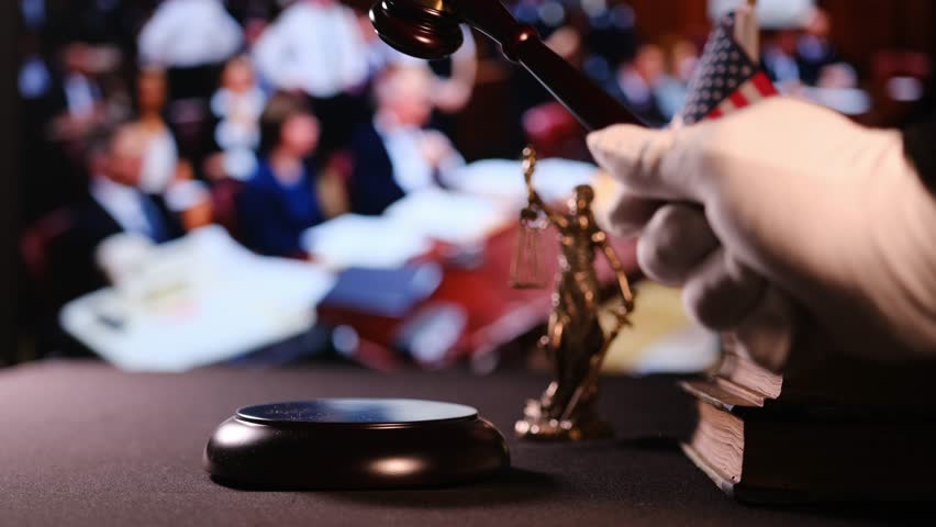 Justice in the courtroom, judge hitting the gavel