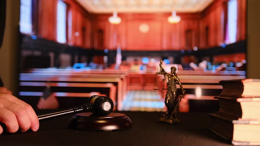 A courtroom scene featuring a gavel, Lady Justice statue, and law books, symbolizing the justice system