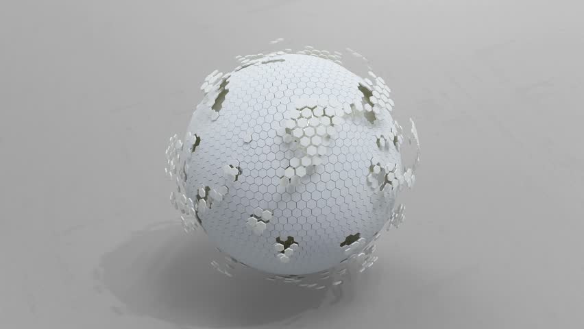 Abstract animation background. Spheres consisting of white hexagonal shapes, broken or separated into small random areas. Revolves around itself seamless loop. 3D Render. - Powered by Shutterstock - Get 15% off with code: PIKWIZARD15