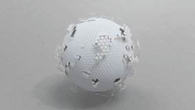 Abstract animation background. Spheres consisting of white hexagonal shapes, broken or separated into small random areas. Revolves around itself seamless loop. 3D Render. - Powered by Shutterstock - Get 15% off with code: PIKWIZARD15