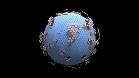 Abstract animation background. Spheres consisting of blue hexagonal shapes, broken or separated into small random areas. Revolves around itself seamless loop. 3D Render. - Powered by Shutterstock - Get 15% off with code: PIKWIZARD15