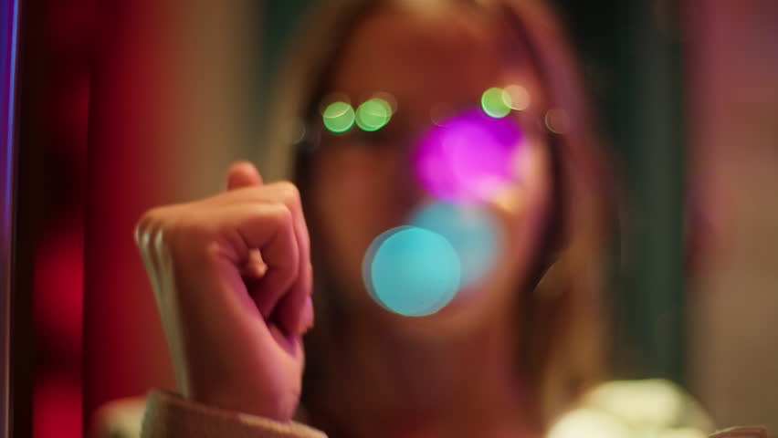 Scared anxious Asian Caucasian schoolgirl child junior teenage bumping window in city danger desperate girl kid knocking glass door with hands neon teen feeling worry despair problem crisis trouble