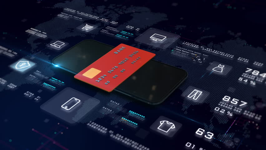 3D illustration of a credit card on a smartphone with digital icons and analytics, representing mobile payments, fintech, and e-commerce security systems. Online Payment and Financial Technology