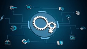 Central gear system integrating modern technology icons including AI, cloud, IoT, and data in a connected digital ecosystem. Looping video and alpha channel for transparent background. - Powered by Shutterstock - Get 15% off with code: PIKWIZARD15